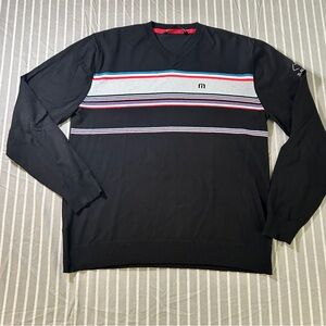 Travis Mathew Men’s Large Crewneck Pullover Sweater Black Gray Striped Golf